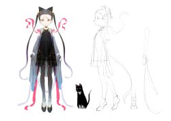 Rule 34 | 1girl, animal ears, black dress, black hair, cat, cat ears, commentary request, dress, expressionless, facial mark, forehead mark, full body, gradient hair, green eyes, highres, kaede (shijie heping), long hair, multicolored hair, original, pantyhose, pink ribbon, profile, ribbon, see-through, see-through dress, simple background, sketch, twintails, very long hair, white background, white hair