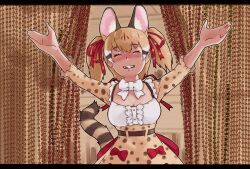 Rule 34 | 1girl, animal ears, belt, bow, bowtie, brown hair, cat ears, cat girl, cat tail, extra ears, highres, kemono friends, kemono friends v project, large-spotted genet (kemono friends), long hair, parody, ribbon, shirt, skirt, smile, solo, suspenders, tail, toriny, twintails, virtual youtuber