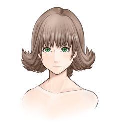 Rule 34 | 1girl, bare shoulders, brown hair, closed mouth, commentary request, final fantasy, final fantasy viii, flipped hair, green eyes, highres, looking at viewer, odeshi (zuma odesi), selphie tilmitt, short hair, simple background, solo, white background