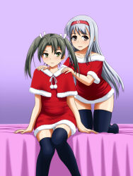 Rule 34 | 2girls, bed, black thighhighs, brown eyes, brown hair, capelet, christmas, closed mouth, commentary request, doutanuki, dress, fur-trimmed capelet, fur-trimmed dress, fur trim, green eyes, grey hair, hair ribbon, hairband, hands on another&#039;s shoulders, highres, kantai collection, kneeling, leaning forward, long hair, looking at viewer, medium hair, microdress, multiple girls, on bed, open mouth, purple background, red dress, red eyes, red hairband, ribbon, santa dress, short dress, short sleeves, shoukaku (kancolle), sitting, smile, thighhighs, twintails, white ribbon, zuikaku (kancolle)