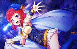 Rule 34 | 1girl, :d, aries (symbol), arm warmers, armpits, blue cape, blue footwear, blue headwear, blush, boots, breasts, cape, cleavage, commentary request, constellation, frills, gemini (symbol), hachinatsu, highres, jewelry, knee boots, leo (symbol), looking at viewer, love live!, love live! school idol festival, love live! school idol project, medium breasts, miniskirt, night, night sky, nishikino maki, open mouth, outstretched hand, pisces (symbol), purple eyes, red hair, shirt, short hair, skirt, sky, smile, solo, star (sky), starry sky, striped, underbust, vertical stripes, virgo (symbol), white shirt, zodiac
