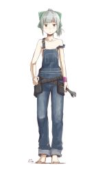 Rule 34 | 10s, 1girl, barefoot, bow, brown eyes, dated, full body, hair bow, hand on own hip, kantai collection, kawashina (momen silicon), looking at viewer, naked overalls, overalls, personification, ponytail, signature, simple background, skirt, solo, tiptoes, white background, wrench, wristband, yuubari (kancolle)