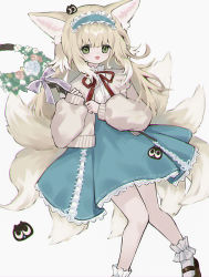Rule 34 | 1girl, :d, animal ear fluff, animal ears, arknights, black footwear, blonde hair, blue hairband, blue skirt, commentary request, feet out of frame, fox ears, fox girl, fox tail, frilled hairband, frills, green eyes, grey background, hair between eyes, hairband, high-waist skirt, highres, holding, jacket, kitsune, knees together feet apart, long hair, long sleeves, looking at viewer, neck ribbon, open clothes, open jacket, open mouth, puffy long sleeves, puffy sleeves, red ribbon, ribbon, riinougat, shirt, shoes, simple background, skirt, smile, socks, solo, suzuran (arknights), suzuran (spring praise) (arknights), tail, very long hair, white jacket, white shirt, white socks
