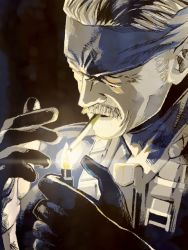 Rule 34 | 1boy, cigarette, facial hair, gloves, gradient background, headband, hinoe (dd works), lighter, male focus, manly, metal gear (series), metal gear solid 4: guns of the patriots, mustache, old snake, smoking, solid snake, solo, upper body, white hair