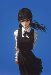 Rule 34 | 1girl, black hair, blue background, blush, chainsaw man, dress, fourth east high school uniform, highres, low twintails, mitaka asa, neck ribbon, pinafore dress, ribbon, school uniform, simple background, skirt, sleeveless, sleeveless dress, smile, solo, twintails, yao liao wang