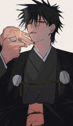 Rule 34 | 2boys, black hair, black kimono, cigarette, crossed arms, eyelashes, fire, fire, formal, fushiguro megumi, green eyes, hair between eyes, hands in opposite sleeves, hands up, highres, holding, holding lighter, jacket, japanese clothes, jujutsu kaisen, k00s, kimono, lighter, long sleeves, looking at viewer, male focus, mouth hold, multiple boys, short hair, simple background, smoking, solo focus, spiked hair, wide sleeves