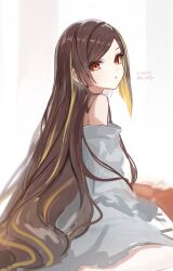 Rule 34 | 1girl, :o, artist name, bare shoulders, brown hair, chiori (genshin impact), commentary request, dress, eyelashes, foot out of frame, genshin impact, grey background, grey dress, hair down, highres, long hair, long sleeves, looking at viewer, looking back, midorinokaibutu4500, multicolored hair, off-shoulder dress, off shoulder, open mouth, parted bangs, parted lips, red eyes, shirt, sidelocks, simple background, sitting, sketch, solo, streaked hair, swept bangs, twitter username, very long hair, wariza, white background