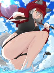 Rule 34 | 1girl, animal ears, arknights, ass, black one-piece swimsuit, breasts, cleavage, closed mouth, commentary, cowboy shot, fish, fishing rod, grey hair, highres, holding, holding fishing rod, holding knife, hood, hood up, hooded jacket, jacket, knife, large breasts, leg up, long sleeves, ocean, official alternate costume, one-piece swimsuit, open clothes, open jacket, orange eyes, partially submerged, projekt red (arknights), projekt red (light breeze) (arknights), shinpufuku, short hair, sky, solo, standing, standing on one leg, swimsuit, tail, thighs, wading, water drop, wolf ears, wolf tail, zipper pull tab