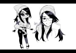 Rule 34 | 1girl, animification, beanie, belt, chibi, eyebrows hidden by hair, glasses, greyscale, hair behind ear, hat, highres, jacket, killjoy (valorant), letterboxed, long hair, monochrome, multiple views, pants, round eyewear, shirasu uni, shoes, smile, sneakers, torn clothes, torn legwear, valorant, white background