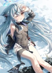 Rule 34 | 1girl, animal ears, black dress, black hair, black jacket, blue archive, blue halo, blush, bneoul, breasts, covered navel, dress, feet out of frame, grey hair, halo, highres, jacket, kokona (blue archive), long hair, long sleeves, looking at viewer, multicolored hair, one eye closed, open clothes, open jacket, open mouth, orange eyes, sitting, sleeveless, sleeveless dress, small breasts, solo, streaked hair, striped clothes, striped dress, striped jacket, tiger ears, vertical-striped clothes, vertical-striped dress, vertical-striped jacket