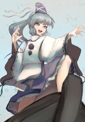 Rule 34 | 1girl, absurdres, black ribbon, boat, commentary request, feet out of frame, flat chest, grey eyes, grey hair, grey hat, hat, highres, japanese clothes, kariginu, long hair, long sleeves, looking afar, mizuki 0630, mononobe no futo, neck ribbon, open mouth, pom pom (clothes), ponytail, purple skirt, ribbon, ribbon-trimmed sleeves, ribbon trim, skirt, smile, solo, standing, tate eboshi, touhou, watercraft, wide sleeves