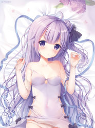 Rule 34 | 1girl, :o, absurdres, ahoge, artist name, azur lane, bad id, bad pixiv id, bare shoulders, bed sheet, black bow, black ribbon, blush, bow, breasts, cleavage, commentary request, covered navel, detached sleeves, dress, fingernails, flower, hair bun, hair ribbon, hands up, highres, long hair, long sleeves, lying, on back, panties, parted lips, purple eyes, purple flower, purple hair, ribbon, side bun, single hair bun, single side bun, sleeveless, sleeveless dress, sleeves past wrists, solo, sousouman, strap slip, underwear, unicorn (azur lane), very long hair, white dress, white panties, white sleeves
