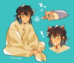 Rule 34 | !, 1boy, :o, animal ears, animal mask, artist name, black hair, blanket, blue background, blue hair, boar, boar boy, boar ears, buttons, claireiosity, closed mouth, crossed legs, curious, eyebrows, gradient hair, green eyes, hair between eyes, hashibira inosuke, kimetsu no yaiba, light blush, looking down, looking to the side, male focus, mask, multicolored hair, open mouth, pajamas, pale skin, pants, raised eyebrows, shirt, short hair, sitting, slippers, solo, solo focus, speech bubble, surprised, teeth, tusks, twitter username, two-tone hair, watermark, white legwear, white pants, white shirt, zzz