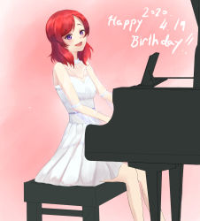 Rule 34 | 1girl, artist name, artist request, bare legs, bare shoulders, blush, chair, choker, dress, female focus, hair between eyes, hair over shoulder, highres, instrument, looking at viewer, love live!, love live! school idol project, nanto, nishikino maki, on chair, parted lips, piano, pink background, purple eyes, red hair, short hair, sitting, skirt, solo, white choker, white dress, white skirt