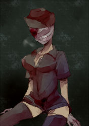 Rule 34 | 1girl, bad id, bad pixiv id, bandages, black thighhighs, blood, blood on face, breasts, bubble head nurse, cleavage, gloves, hat, large breasts, monster girl, nurse, nurse cap, silent hill, silent hill (series), solo, thighhighs, white gloves, yukama, yukama (blackwaltz)