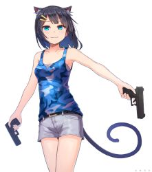 Rule 34 | 1girl, :3, amekaze yukinatsu, animal ears, bad id, bad pixiv id, bare arms, bare shoulders, black hair, blue eyes, blue shirt, blush, camouflage, cat ears, cat girl, cat tail, closed mouth, collarbone, commentary, dual wielding, glock, glock, grey shorts, gun, hair ornament, hairclip, handgun, highres, holding, holding gun, holding weapon, looking at viewer, original, pistol, shirt, short hair, short shorts, shorts, simple background, solo, tail, tank top, weapon, white background