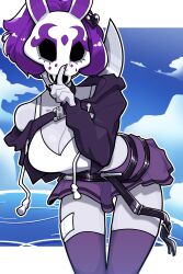 Rule 34 | 1girl, absurdres, animal ears, bandaid on thigh, blue sky, bob cut, breasts, cleavage, colored skin, crop top, finger to mouth, grey skin, highres, holding, holding knife, hood, hoodie, knife, mask, midriff, muds, neon violet, neon white, purple hair, purple nails, purple thighhighs, rabbit ears, rabbit mask, short hair, skirt, sky, thighhighs, variant set