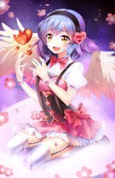 Rule 34 | :d, angel, angel wings, blue hair, boots, bow, dress, flower, garter straps, happy, headphones, heart, highres, kneeling, open mouth, original, phyrnna, pink bow, pink dress, short dress, short hair, sky, smile, solo, squchan, star (sky), starry sky, thighhighs, valentine, white dress, white footwear, white thighhighs, white wings, wings, yellow eyes