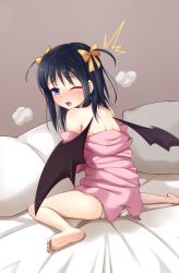 Rule 34 | 1girl, back, bad id, bad pixiv id, bare shoulders, barefoot, bed sheet, black hair, blue eyes, blush, bow, breath, demon wings, feet, hair bow, highres, looking back, lotte no omocha!, off shoulder, one eye closed, open mouth, pajamas, panties, pillow, short hair, sitting, soles, solo, spoilers, ^^^, tears, toes, touhara asuha, twintails, underwear, wariza, white panties, wings, wink, yaguo