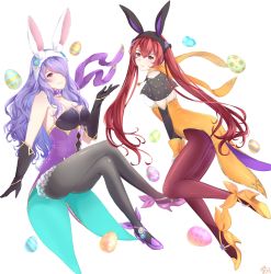 Rule 34 | 2girls, alternate costume, animal ears, bare shoulders, black gloves, breasts, camilla (fire emblem), camilla (spring) (fire emblem), cleavage, easter egg, egg, fake animal ears, fire emblem, fire emblem awakening, fire emblem fates, fire emblem heroes, full body, gloves, hair between eyes, hair over one eye, highres, kiro125, leotard, long hair, looking at viewer, multiple girls, nintendo, official alternate costume, pantyhose, purple eyes, purple hair, rabbit ears, rabbit tail, red eyes, red hair, severa (fire emblem), strapless, strapless leotard, tail, twintails, very long hair, white background, white gloves