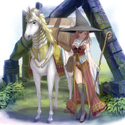 Rule 34 | 1girl, bag, barding, black thighhighs, breasts, character request, crossed legs, detached sleeves, hat, horse, kouno (masao), long hair, medium breasts, original, red hair, ruins, shoulder bag, smile, solo, staff, standing, thighhighs, witch hat