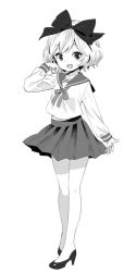 Rule 34 | 10s, 1girl, :d, ama-tou, arm at side, bare legs, bow, collar, collarbone, collared shirt, dot nose, elly (tonari no kyuuketsuki-san), erie, eyelashes, fang, full body, greyscale, hair bow, hair ornament, hand in own hair, hand up, high heels, long sleeves, looking at viewer, midriff peek, monochrome, navel, neck ribbon, open hand, open mouth, pleated skirt, pumps, ribbon, sailor collar, school uniform, shirt, short hair, simple background, skirt, sleeve cuffs, smile, solo, standing, tonari no kyuuketsuki-san, tsurime, wavy hair, white background