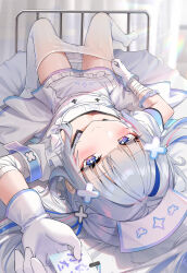 Rule 34 | + +, 1girl, absurdres, amane kanata, amane kanata (nurse), apron, bandaged arm, bandages, bed, blue eyes, blue hair, blunt bangs, blush, breasts, bu leike, card, choppy bangs, closed mouth, clothes pull, downblouse, dress, frilled apron, frills, gloves, grey hair, hair ornament, hat, highres, holding, holding card, hololive, hospital bed, id card, looking at viewer, lying, multicolored hair, nurse, nurse cap, official alternate costume, official alternate hair length, official alternate hairstyle, on back, on bed, pantyhose, pantyhose pull, pink hair, pulling own clothes, purple eyes, short sleeves, single hair intake, small breasts, smile, solo, streaked hair, twintails, upside-down, virtual youtuber, white apron, white dress, white gloves, white pantyhose, x hair ornament
