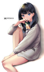 Rule 34 | 10s, 1girl, absurdres, bare legs, black hair, blue eyes, cardigan, copyright name, cup, disposable cup, grey cardigan, gridman universe, hand on own knee, highres, holding, holding cup, knee up, long hair, long sleeves, looking at viewer, puchiman, shadow, signature, simple background, sitting, solo, ssss.gridman, starbucks, takarada rikka, white background
