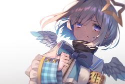 Rule 34 | 1girl, amane kanata, angel wings, armband, bad id, bad pixiv id, bob cut, bow, bowtie, collar, cuffs, feathered wings, halo, hololive, hopepe, pout, purple eyes, sailor collar, school uniform, short hair, silver hair, single hair intake, sleeve cuffs, solo, star halo, upper body, virtual youtuber, wings