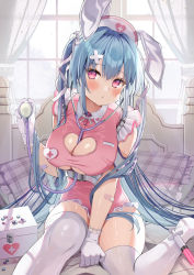 Rule 34 | 1girl, animal ears, bandaid, bandaid on arm, between breasts, blue hair, blush, bow, breasts, cleavage, cleavage cutout, clothing cutout, collared dress, commentary request, curtains, dress, ebihara beniko, frilled dress, frilled pillow, frills, gloves, hair between eyes, hair bow, hair ornament, hat, heart cutout, highres, holding, large breasts, no shoes, nurse, nurse cap, original, parted lips, pill, pillow, pink dress, pink eyes, plaid pillow, rabbit ears, sleeveless, sleeveless dress, solo, stethoscope, syringe, thighhighs, transparent, white bow, white gloves, white hat, white thighhighs, window, x hair ornament