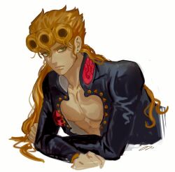Rule 34 | 1boy, black jacket, blonde hair, blue eyes, cleavage cutout, closed mouth, clothing cutout, collarbone, collared jacket, curly hair, ear piercing, giorno giovanna, highres, jacket, jojo no kimyou na bouken, long hair, long sleeves, looking at viewer, male focus, on0n, pectorals, piercing, simple background, solo, upper body, vento aureo, white background