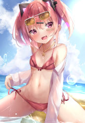 Rule 34 | 1girl, :d, arm support, bandaid, bandaid on cheek, bandaid on face, bare shoulders, bikini, blue sky, blush, breasts, brown-tinted eyewear, cloud, cloudy sky, collarbone, commentary request, day, eyewear on head, fang, hair between eyes, hair ornament, hairclip, halterneck, head tilt, headgear, highres, horizon, long sleeves, looking at viewer, natuna natu, navel, ocean, off shoulder, open clothes, open mouth, open shirt, original, outdoors, purple eyes, red bikini, red hair, shirt, short twintails, side-tie bikini bottom, sky, small breasts, smile, solo, string bikini, sunglasses, swimsuit, tinted eyewear, twintails, water, white shirt