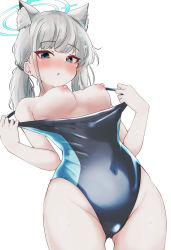 Rule 34 | 1girl, animal ear fluff, animal ears, blue archive, blue eyes, blush, breasts, breasts out, clothes pull, competition swimsuit, cross hair ornament, hair ornament, highres, machismo fuji, medium breasts, nipples, one-piece swimsuit, one-piece swimsuit pull, ponytail, pulling own clothes, shiroko (blue archive), shiroko (swimsuit) (blue archive), sidelocks, simple background, solo, swimsuit, white background