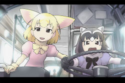 Rule 34 | 10s, 2girls, animal ears, black hair, blonde hair, bow, bowtie, brown eyes, bus, chromatic aberration, commentary, common raccoon (kemono friends), fang, fennec (kemono friends), fox ears, gloves, grey hair, interior, kemono friends, motor vehicle, multicolored hair, multiple girls, no nose, open mouth, parody, puffy sleeves, raccoon ears, short hair, short sleeves, smile, speed, speed (film), tears, ueyama michirou, white hair