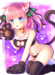 Rule 34 | 1girl, absurdres, animal ears, animal hands, bell, black ribbon, black thighhighs, blue eyes, blunt bangs, blush, breasts, butterfly hair ornament, cat cutout, cat ears, cat lingerie, cat paws, cat tail, cleavage, cleavage cutout, clothing cutout, commentary, gloves, go-toubun no hanayome, hair ornament, highres, large breasts, looking at viewer, meme attire, nakano nino, navel, neck bell, open mouth, paw gloves, pink hair, ribbon, simple background, tail, thighhighs, twintails, v-shaped eyebrows, xx momomo xx