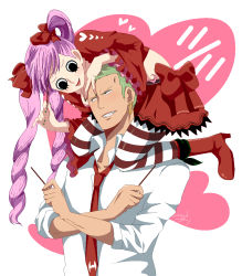 Rule 34 | 1boy, 1girl, black thighhighs, bow, food, green hair, grin, isuka, kuraigana island, long hair, necktie, one piece, perona, pink hair, pocky, roronoa zoro, skirt, smile, striped clothes, striped thighhighs, thighhighs, tongue, twintails, very long hair, white thighhighs