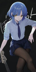 Rule 34 | 1girl, absurdres, bafangyu, bass guitar, blue hair, blue necktie, bocchi the rock!, collared shirt, commentary request, crossed legs, feet out of frame, highres, instrument, legs, mole, mole under eye, necktie, pantyhose, pleated skirt, school uniform, shirt, shirt tucked in, short hair, skirt, solo, thighs, white shirt, yamada ryo, yellow eyes