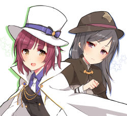 Rule 34 | 2girls, :d, bad id, bad pixiv id, blush, bow, brown capelet, brown eyes, brown hat, cape, capelet, closed mouth, coat, collared shirt, grey hair, hair bow, hat, highres, long hair, long sleeves, looking at viewer, multiple girls, necktie, open mouth, princess principal, purple bow, purple eyes, purple hair, purple shirt, shirt, smile, sophie mackenzie, sorimachi-doufu, star (symbol), stephanie (princess principal), striped, striped bow, sweat, top hat, white background, white cape, white coat, white hat, white neckwear