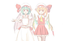Rule 34 | 2girls, ascot, blonde hair, blue hair, female focus, flandre scarlet, hat, hat ribbon, multiple girls, open mouth, puffy sleeves, red eyes, remilia scarlet, ribbon, shirt, short hair, short sleeves, siblings, side ponytail, simple background, sisters, skirt, skirt set, slit pupils, standing, takuzui, touhou, white background, wings