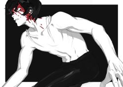 Rule 34 | 1boy, absurdres, bad id, bad twitter id, blood, blood on face, clenched teeth, collarbone, devilman, fingernails, framed, fudou akira, greyscale, highres, male focus, misaq, monochrome, navel, outside border, parted lips, sketch, solo, spot color, teeth, topless male