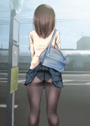 Rule 34 | 1girl, ass, bag, black skirt, blue panties, brown hair, brown pantyhose, brown shirt, bus stop, commentary request, day, feet out of frame, from behind, long hair, long sleeves, miniskirt, oouso, original, outdoors, panties, panties under pantyhose, pantyhose, pantyshot, pleated skirt, polka dot, polka dot panties, road, school bag, school uniform, shirt, skirt, skirt caught on object, solo, standing, street, thighband pantyhose, underwear, upskirt, wardrobe malfunction