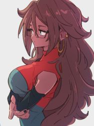 Rule 34 | 1girl, android 21, black nails, blue eyes, breasts, brown hair, checkered clothes, checkered dress, closed mouth, dragon ball, dragon ball fighterz, dress, earrings, fingernails, from side, glasses, grey background, hair between eyes, hoop earrings, jewelry, kemachiku, long hair, looking away, medium breasts, nail polish, simple background, solo, upper body