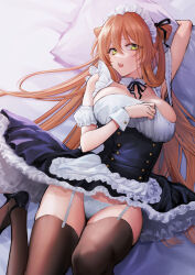 Rule 34 | 1girl, alternate costume, apron, arm up, armpits, black thighhighs, breasts, brown hair, buttons, commentary, detached collar, detached sleeves, double-breasted, enmaided, eyebrows hidden by hair, frilled apron, frilled skirt, frills, garter straps, girls&#039; frontline, green eyes, hair between eyes, hair ribbon, hair rings, hand on own chest, highres, large breasts, long hair, low neckline, lying, maid, maid headdress, neck ribbon, on back, on bed, open mouth, panties, pantyshot, ribbon, shoukaki (earthean), sidelocks, skirt, springfield (girls&#039; frontline), symbol-only commentary, thighhighs, underwear, waist apron, white panties