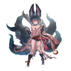 Rule 34 | 1girl, animal ears, black footwear, black gloves, black shorts, blue hair, breasts, clenched teeth, collar, cuffs, dark blue hair, fingerless gloves, gloves, granblue fantasy, hadanugi dousa, hair between eyes, hair ornament, hands up, japanese clothes, kimono, kneehighs, looking at viewer, minaba hideo, multiple tails, official art, open clothes, open kimono, red eyes, shackles, shirt, short hair, short shorts, shorts, simple background, small breasts, socks, solo, standing, strapless, strapless shirt, tail, teeth, third-party source, toeless footwear, transparent background, white shirt, white socks, you (granblue fantasy)