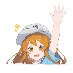 Rule 34 | 10s, 1girl, :d, arm up, blue shirt, blush, brown eyes, character name, clothes writing, commentary request, fhang, flat cap, grey hat, hat, hataraku saibou, head tilt, light brown hair, notice lines, open mouth, outstretched arm, platelet (hataraku saibou), round teeth, shirt, short sleeves, smile, solo, teeth, upper teeth only, white background