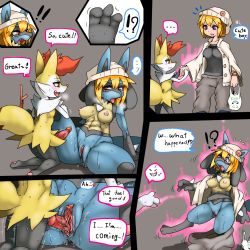 Rule 34 | !, !!, !?, ..., 1boy, 1girl, animal ears, animal hands, animal penis, bag, black shirt, blouse, blush, bracelet, braixen, breasts, breath, clitoral hood, comic, creatures (company), english text, engrish text, erection, eye contact, fang, fox ears, fox tail, furry, furry female, game freak, gen 4 pokemon, gen 6 pokemon, grey background, grey pants, hat, heart, hetero, highres, holding, holding hands, interspecies, jacket, jewelry, kneeling, knotted penis, long sleeves, looking at another, lucario, magic, medium breasts, motion lines, multiple views, musical note, nintendo, nipples, open mouth, orange hair, original, pants, penis, pokemon, pokemon (creature), pokephilia, precum, purple eyes, pussy, pussy juice, ranguage, red eyes, ruishin, sex, shirt, shopping bag, short hair, simple background, sitting, smile, speech bubble, spoken heart, spoken musical note, spread legs, standing, stick, surprised, sweat, tail, talking, text focus, tongue, tongue out, transformation, trembling, uncensored, urethra, vaginal, veins, veiny penis, white jacket, wolf ears