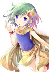 Rule 34 | 1girl, blue leotard, blush, cape, earrings, final fantasy, final fantasy iv, green eyes, green hair, hair ornament, highres, jewelry, leotard, looking at viewer, open mouth, rydia (ff4), short hair, simple background, solo, white background