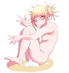 Rule 34 | 1girl, blonde hair, blunt bangs, boku no hero academia, completely nude, double bun, from side, hair bun, highres, messy hair, nude, okumari, ringed eyes, short hair with long locks, simple background, sitting, solo, suggestive fluid, thighs, toga himiko, white background, yellow eyes