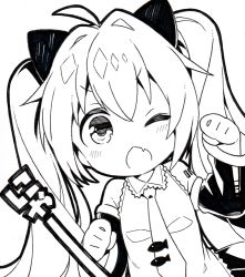 Rule 34 | 1girl, blush, chibi, greyscale, hatsune miku, kurisu sai, long hair, looking at viewer, monochrome, necktie, one eye closed, open mouth, simple background, solo, translated, twintails, very long hair, vocaloid, white background