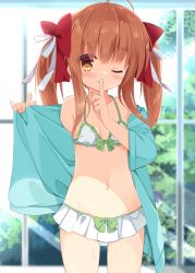Rule 34 | 1girl, ahoge, blush, bow, breasts, brown hair, closed mouth, finger to mouth, hair bow, index finger raised, kujou danbo, long hair, looking at viewer, medium breasts, navel, one eye closed, original, red bow, ribbon, smile, solo, tongue, tongue out, twintails, white ribbon
